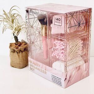 NWT Thinkspace Beauty 140 Pieces Clear Pink Organizer Set 4 Brushes, Cotton etc